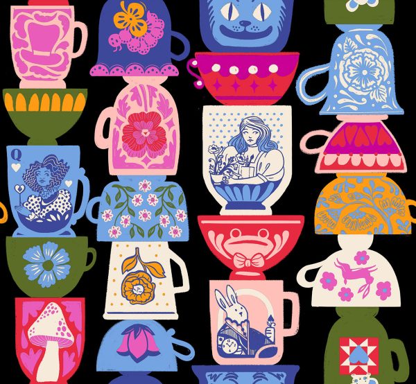 PREORDER - Hello Alice - Tea Party in Black - Sarah Watts - RS2122 13 - Half Yard For Discount